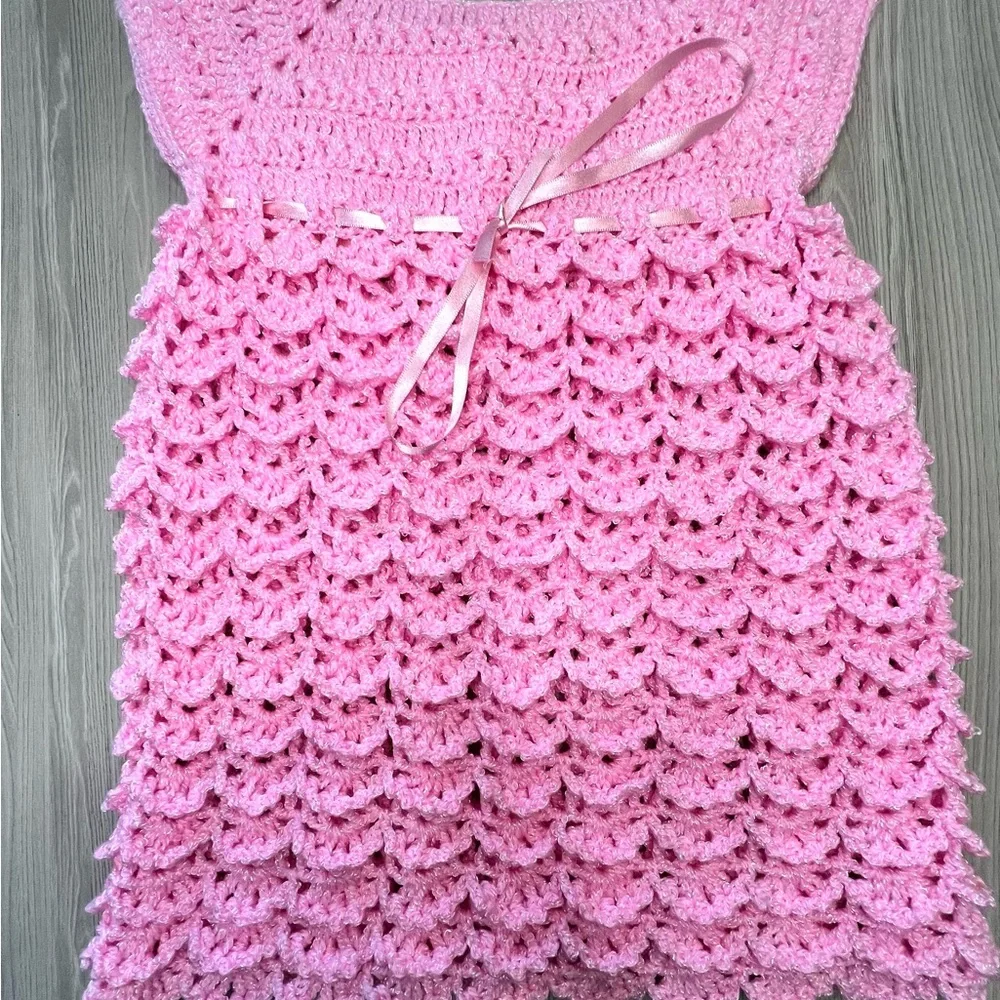 Handmade Crochet Baby Girl Dress Pink Layered Shell Stitch Ruffle Infant 6-12 M‎